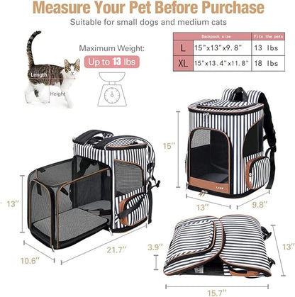 Lekereise Cat Backpack Expandable Pet Backpack Carrier for Small Dogs Cats, Dog Backpack Bag with Breathable Mesh and Inner Safety Leash, Striped