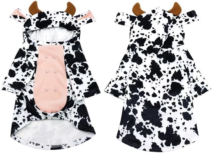 DELIFUR Dog Halloween Cow Costume - French Bulldog Adorable Cow Holiday Outfit Cute Hoodie Halloween Cosplay Animal Costume for Medium Dog (Cow, Back: 19.5")