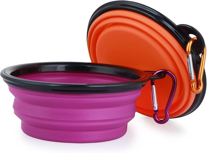 Dog Bowl Pet Collapsible Bowls, 2 Pack Collapsible Dog Water Bowls for Cats Dogs, Portable Pet Feeding Watering Dish for Walking Parking Traveling with 2 Carabiners (Small, Orange+Purple)