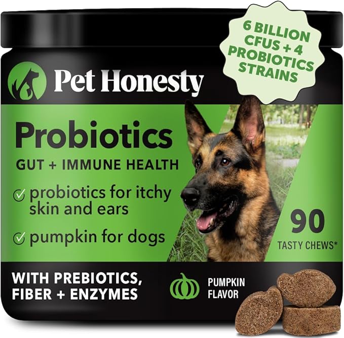 Pet Honesty Probiotics for Dogs, Dog Probiotics for Digestion Support, Digestive Enzymes Promotes Gut Health, Immunity Health & Itch Relief, Prebiotics and Probiotics (Pumpkin 90 ct)