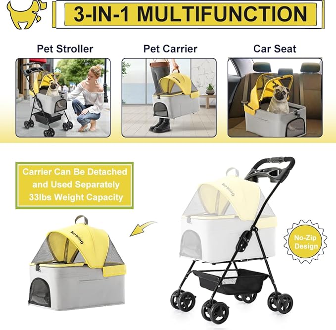 3 in 1 Pet Stroller for Small Dogs and Cats 4 Wheels