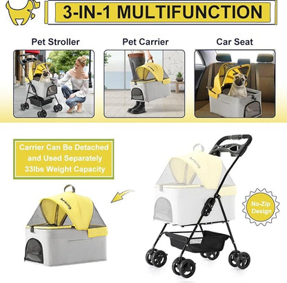 3 in 1 Pet Stroller for Small Dogs and Cats 4 Wheels