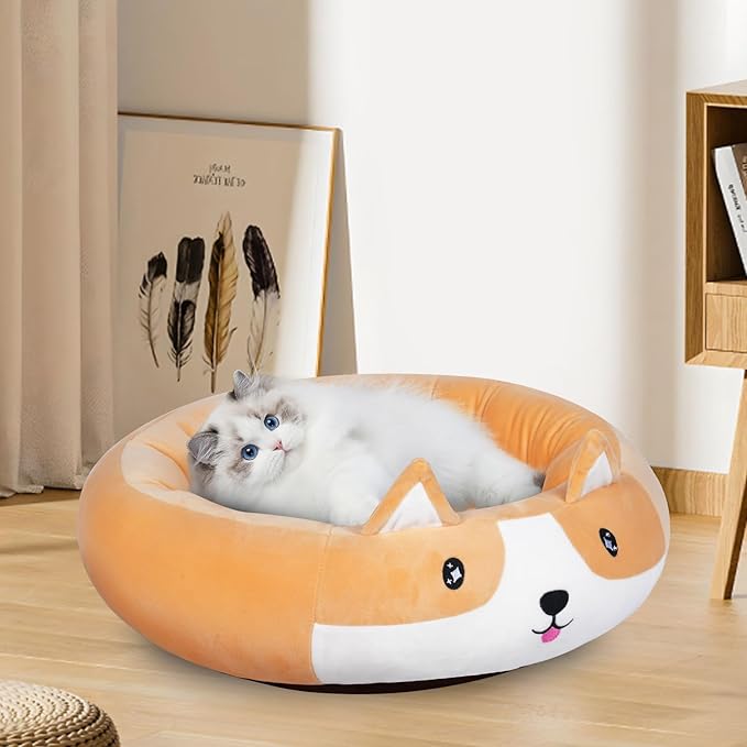 26" Corgi Pet Bed, Calming Dog & Cat Plush Bed, Fulffy Comfy Padded Cat Mat Plush Pet Bed, Non-Slip Bottom, Soft Washable Sleeping Dog Cot for Medium Small Dogs Cat Puppy Kitty