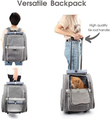 Lollimeow Pet Rolling Carrier, Dog Backpack with Wheels,Cats,Puppies Travel Bag with Wheels,Dog Trolley(Grey)