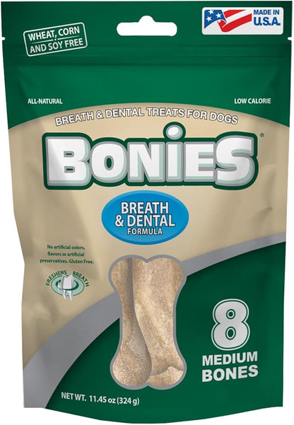 Bonies Natural Breath and Dental Formula Medium-Sized Single Bone - All-Natural Ingredients, Fresh Breath, Cleans Teeth, Low Calories, Chicken Flavor, [Medium Dogs], 8 Bones