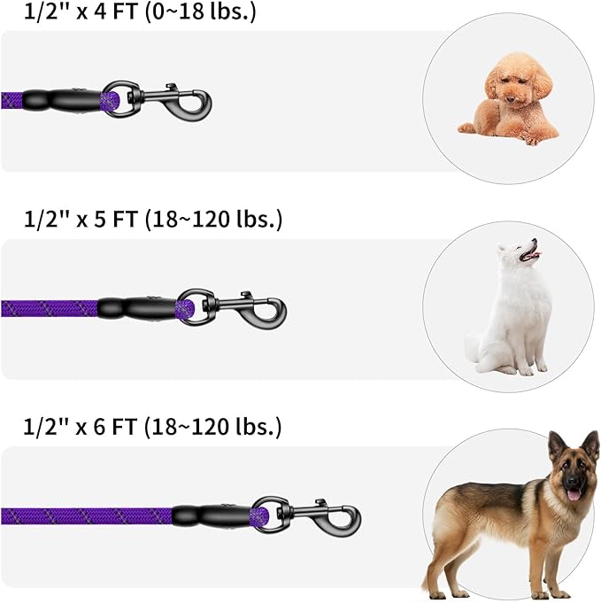 Heavy Duty Dog Leash for Large Medium Small Breed Dogs Handle,4/5/6 FT Holder,Purple,1/2 inch