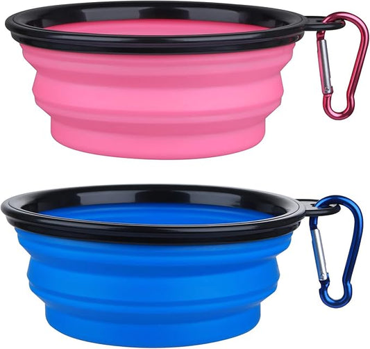 Dog Bowl Pet Collapsible Bowls, 2 Pack Collapsible Dog Water Bowls for Cats Dogs, Portable Pet Feeding Watering Dish for Walking Parking Traveling with 2 Carabiners (Small, Bule+Pink)