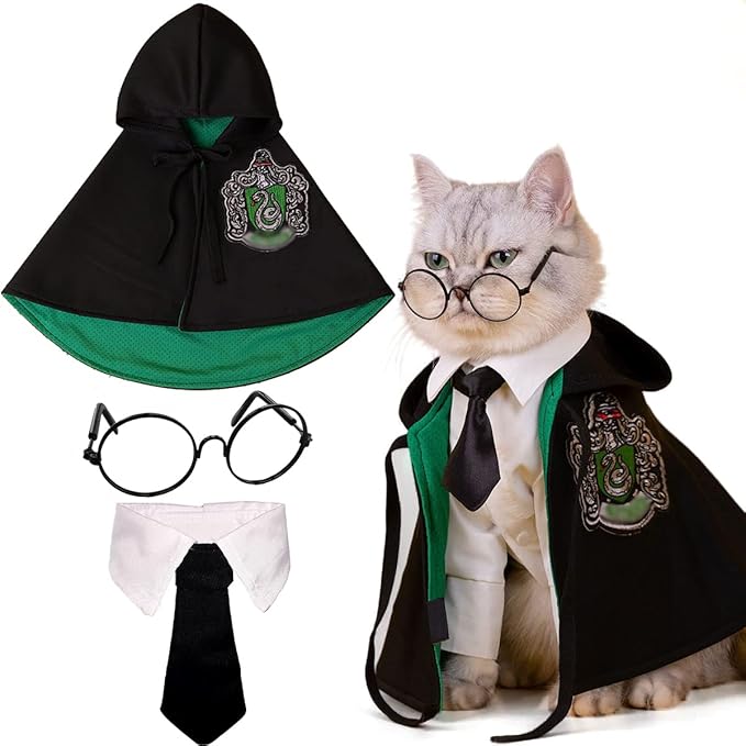 Cat Costumes 3 Piece Set with Glasses and Neckties, Cat Dog Cosplay Costume Set, Perfect for Party and Gifts for Cat Dog (Green, Large)