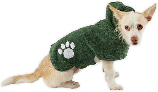 Bone Dry Pet Robe Collection, Embroidered Absorbent Microfiber Bath Robe with Adjustable Closure, for Dogs & Cats, X-Small, Hunter Green