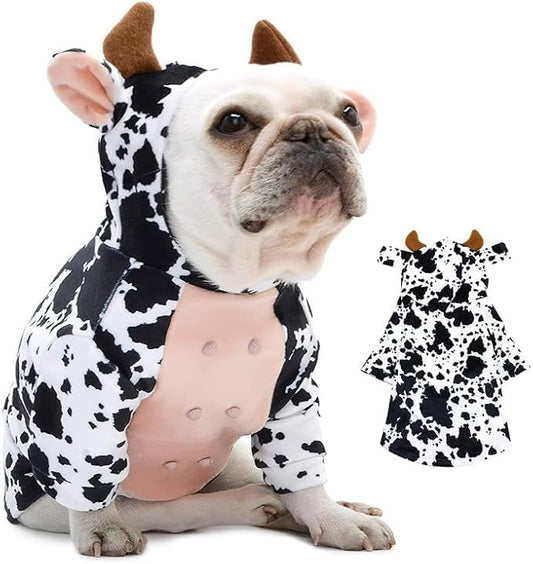 DELIFUR Dog Halloween Cow Costume - French Bulldog Adorable Cow Holiday Outfit Cute Hoodie Halloween Cosplay Animal Costume for Medium Dog (Cow, Back: 19.5")