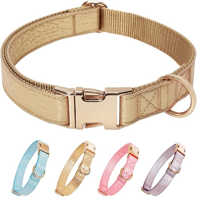 Glare Gold Dog Collar Leather and Nylon Double Layer Thickened Design Adjustable Durable Heavy Duty Dog Collars with Quick Release Metal Buckle for Small Medium Large Dogs S 8.7-13.8"