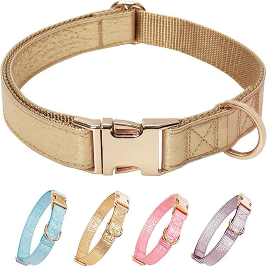 Glare Gold Dog Collar Leather and Nylon Double Layer Thickened Design Adjustable Durable Heavy Duty Dog Collars with Quick Release Metal Buckle for Small Medium Large Dogs L 15.7-27.2"
