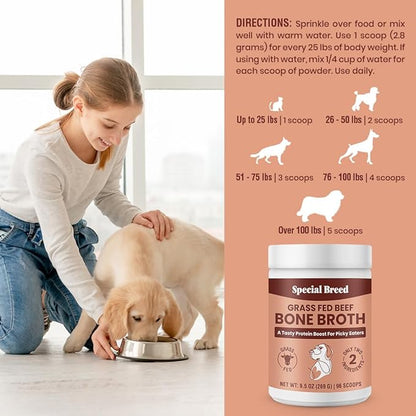 Bone Broth Powder for Dogs and Cats - Dog and Cat Food Topper, Grass Fed Beef Broth Supplement, 9.5 oz