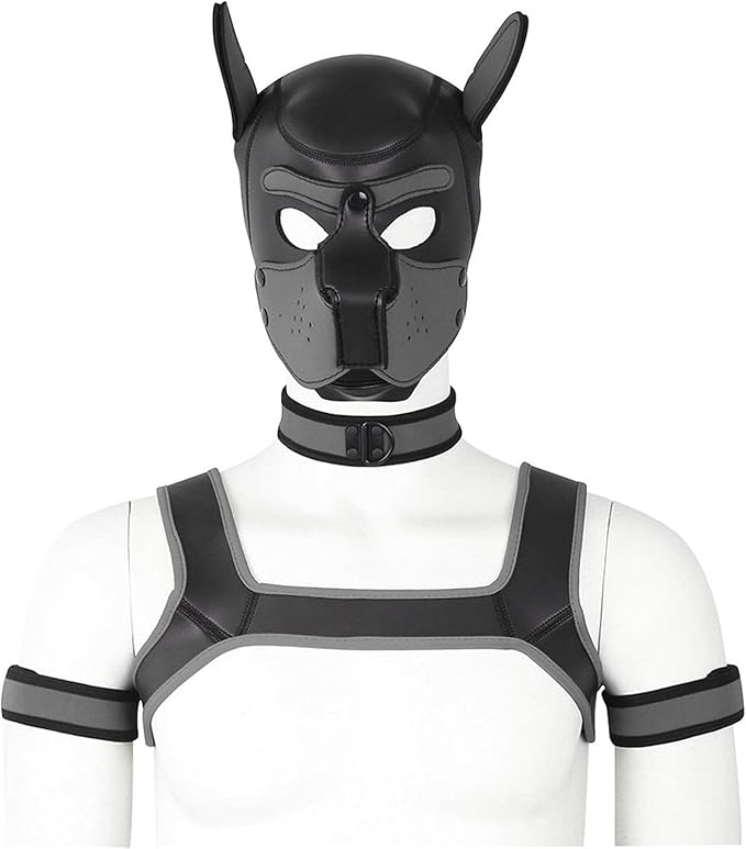 4 Sets Neoprene Puppy Hood Animal Head Mask Novelty Costume Dog (Hood Mask + Collar + Armband + Harness) (X-Large, Gray)