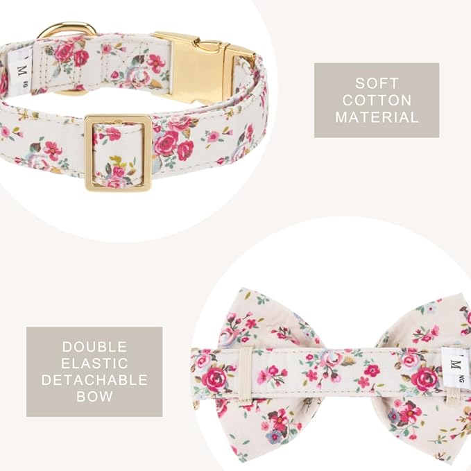 Adjustable Pet Bow Tie and Dog Collar for Small Medium Large Dogs, Puppy Collar with Bowtie, Cute Bow and Dog Collars - Comfortable, Soft, and Durable (Small, Rose Print)