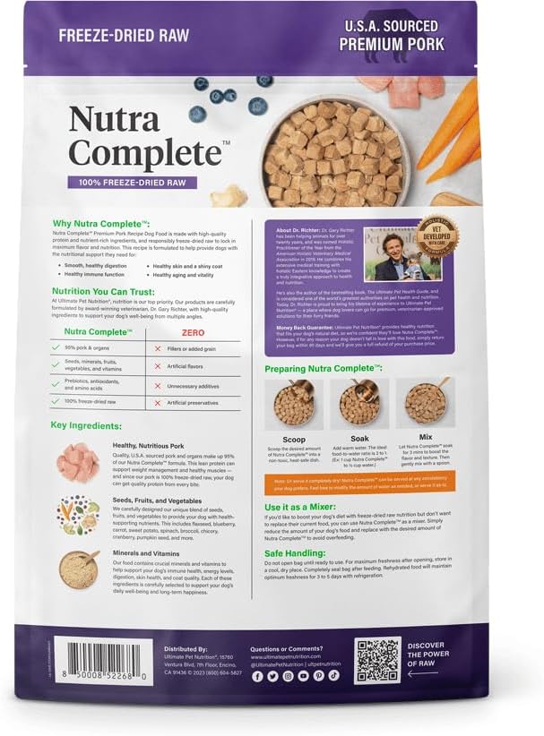 ULTIMATE PET NUTRITION Nutra Complete Raw Freeze Dried Dog Food, Veterinarian Formulated with Antioxidants, Prebiotics & Amino Acids (3 Pound, Pork)