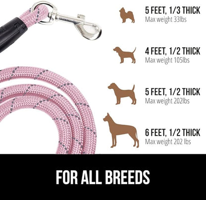 Gorilla Grip Dog Leash, Heavy Duty Reflective Rope Leashes for Large, Medium, Small Breed Dogs, Puppy Training Essential for Walks, Hikes, Soft Handle, Rotating Metal Clip, Waste Bag Dispenser, Pink