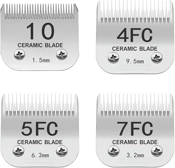 TRAH 10#/4FC/5FC/7FC Blade Dog Grooming Clipper Replacement Ceramic Blades Compatible with Andis Dog Clippers,Most A5, KM Series Clippers,Cut Length (1.5mm) to 3/8"(9.5mm), Silver 4 Pack