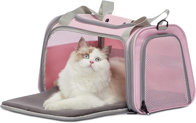 PETSFIT Cat Carrier, Pet Carrier Airline Approved, Cat Travel Carrier for Small and Medium Cats Under 12 Lbs, Soft Sided Kitten Carrier with Cozy Extendable Mat, Cat Carrier Bag, Pink