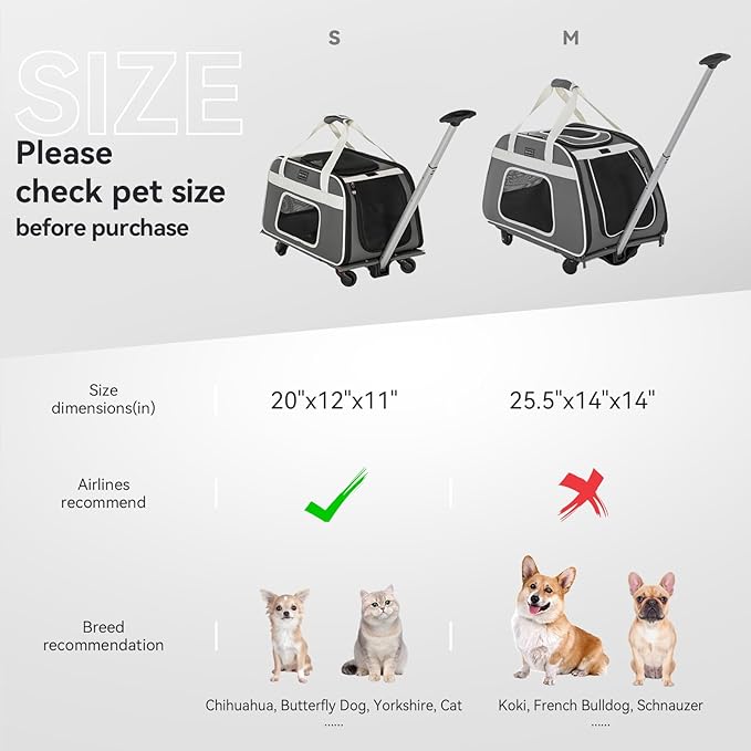 PETSFIT Airline Approved Cat Carrier with Wheels Designed for Small Dogs/Cats with Adjustable Safety Rope & Removable Wheels