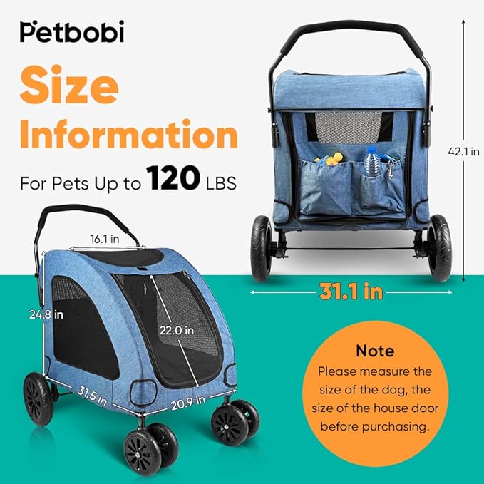 Petbobi Dog Stroller for Large Dogs 4 Rubber 2 Medium 120lbs, Blue