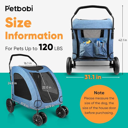Petbobi Dog Stroller for Large Dogs 4 Rubber 2 Medium 120lbs, Blue