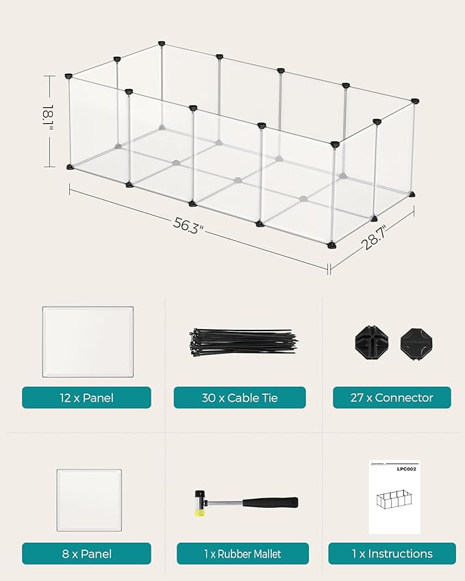 SONGMICS Pet Playpen with Floor, Small Animal Pen, Pet Fence Indoor, DIY Plastic Enclosure for Hamsters, Rabbits, Hedgehogs, Ferrets, 56.3 x 28.7 x 18.1 Inches, White ULPC02W