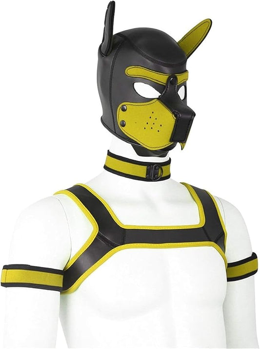 4 Sets Neoprene Puppy Hood Animal Head Mask Novelty Costume Dog (Hood Mask + Collar + Armband + Harness) (Large, Yellow)