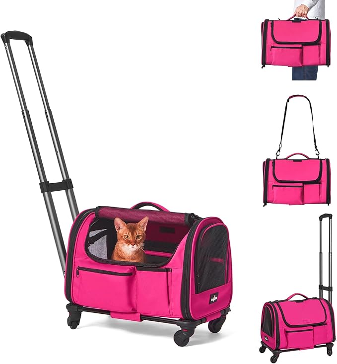 Cat Carrier with Wheels, Foldable Airline Approved Dog Cat Carrier with Wheels for Cat Dog Under 20 lbs, Rolling Cat Carrier Travel Bag with Telescopic Handle for Walking Travel Vet Visits