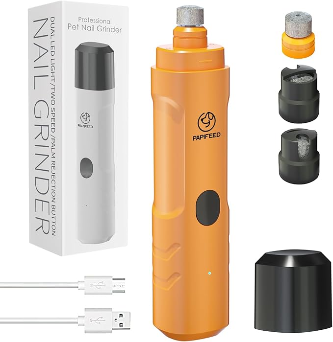 Dog Nail Grinder with 2 LED Light,3-Speed Rechargeable Dog Nail Trimmer, Upgraded Powerful Electric Dog Toe Nail File Quiet Painless, Paws Grooming for Small Medium Large Dogs -Orange