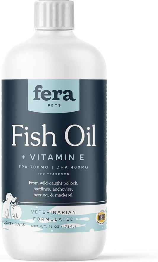 Fera Pet Organics Fish Oil for Dogs & Cats – 16oz, 96 Servings – Vet Created - Liquid Fish Oil with Wild-Caught Fish -for Pet’s Skin, Immune & Brain Function