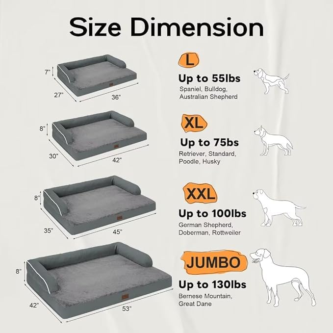 Large Dog Bed Orthopedic Washable: Dark Grey Dog Bed with Waterproof Cover and Removable Bolster