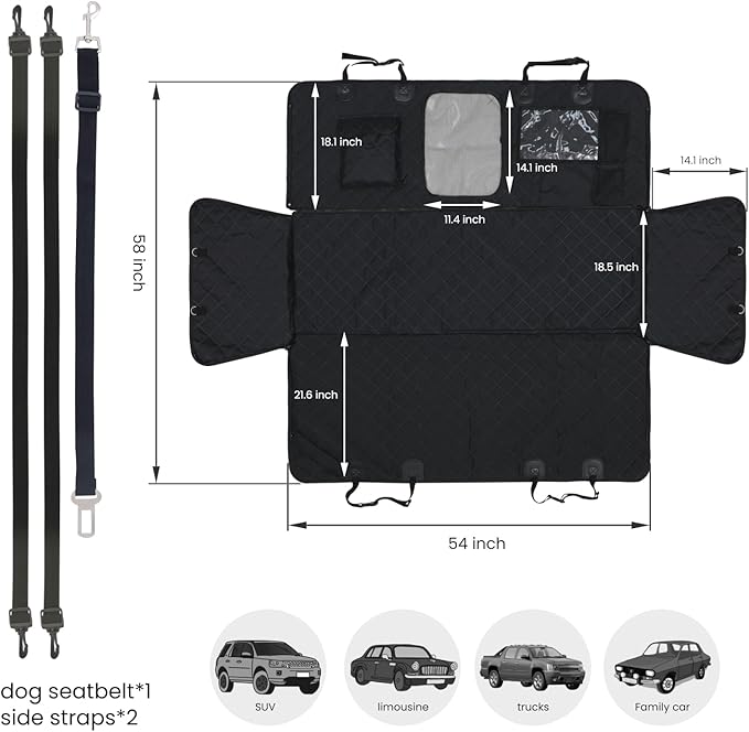 Dog Car Seat Cover for Back Seat Waterproof Backseat Cover for Dogs in Car Durable Nonslip Dog Hammock for Car Sedans 54" W 58" L