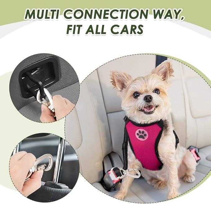 SlowTon Dog Seat Belt Harness for Car, Dog Car Harness Adjustable Mesh Breathable & Dog Seatbelt Safety Tether with Elastic Bungee for Small Medium Large Pets(Fuchsia, Double Clip, L)