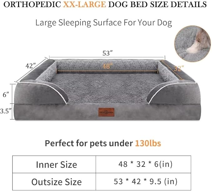 XXL Orthopedic Dog Bed for Extra Large Dogs, Waterproof Orthopedic Foam Dog Beds, Washable Dog Sofa Bed with Removable Cover & Non-Slip Bottom(XX-Large,Grey)