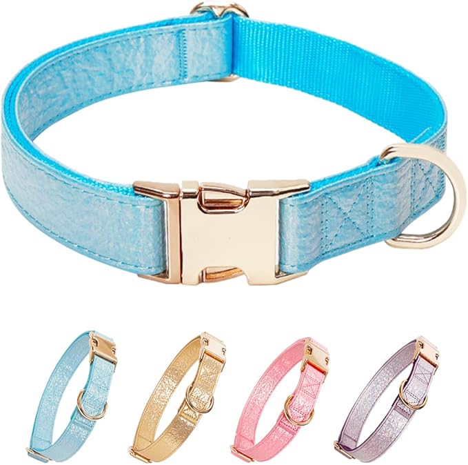 Glare Blue Dog Collar Leather and Nylon Double Layer Thickened Design Adjustable Durable Heavy Duty Dog Collars with Quick Release Metal Buckle for Small Medium Large Dogs L 15.7-27.2"