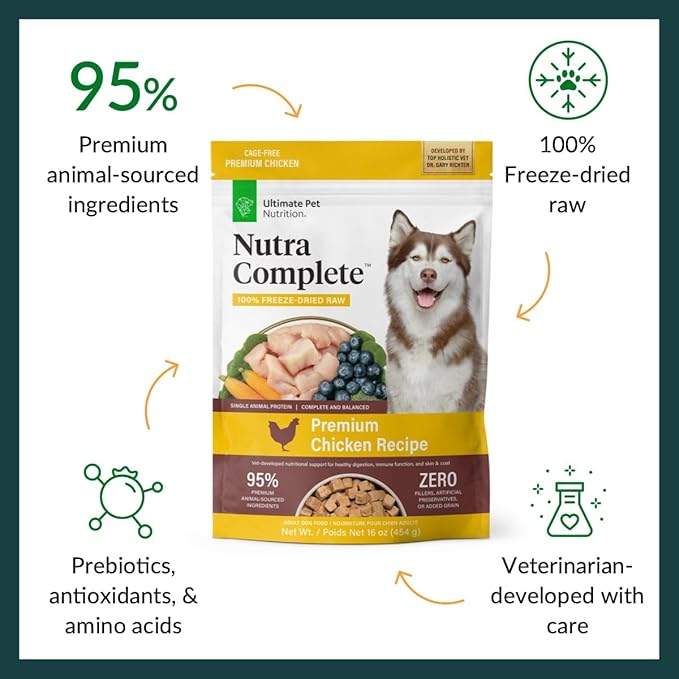 ULTIMATE PET NUTRITION Nutra Complete Raw Freeze Dried Dog Food, Veterinarian Formulated with Antioxidants, Prebiotics & Amino Acids (1 Pound, Chicken)