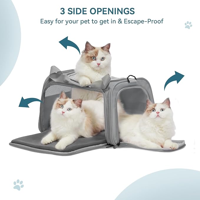 PETSFIT Cat Carrier, Pet Carrier Airline Approved, Soft Carrier for Small and Medium Cats Under 12 Lbs, Soft Cat Travel Carrier, Kitten Carrier with Extendable Mat, Grey