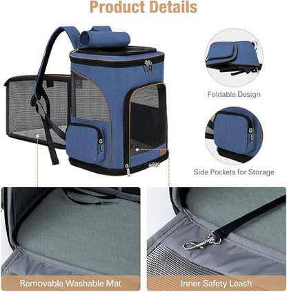 Lekereise Large Cat Backpack Carrier Fit Up to 20 25 Lbs, Expandable Pet Carrier Backpack Foldable Dog Backpack Carrier, Blue