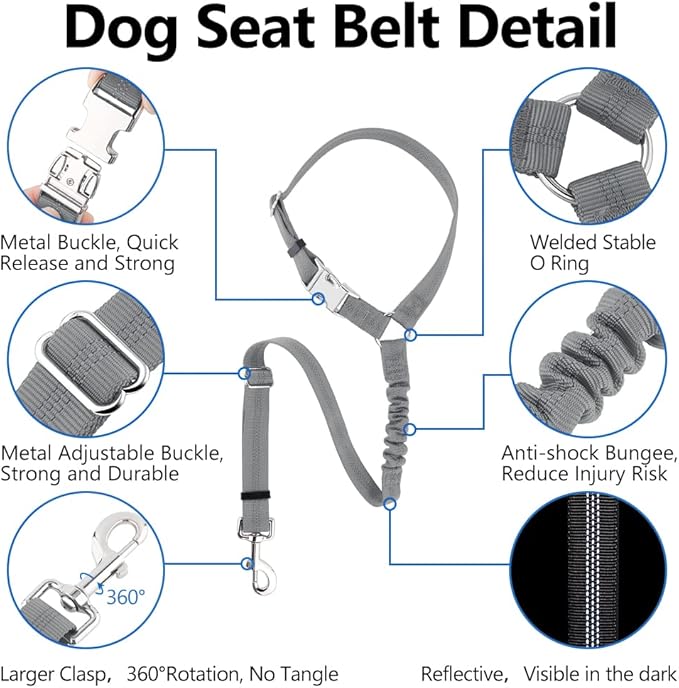 Plutus Pet Dog Seat Belt for Car Headrest, Reflective and Adjustable Restraint with Elastic Bungee for Safety, Vehicle Seatbelt Harness for Small Medium Large Dogs and Cats