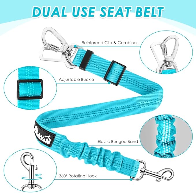 Lukovee Dog Seat Belt for Car, Adjustable Dog Car Harness for Large Medium Small Dogs, Soft Padded & Breathable Mesh Dog Seatbelt with Car Strap and Carabiner(Light Blue Double Clip,Medium)