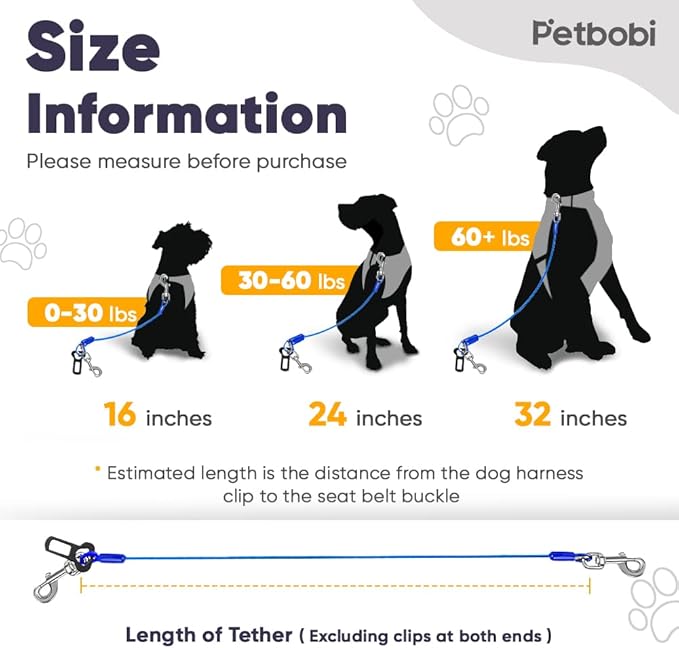 Petbobi Dog Seat Belt for Car - Chew Proof Durable Dog Seatbelt Tether for Small Medium Large Dogs - Metal Vehicle Harness Restraint with Double Clips and Latch - Dog Car Leash for Safety Travel