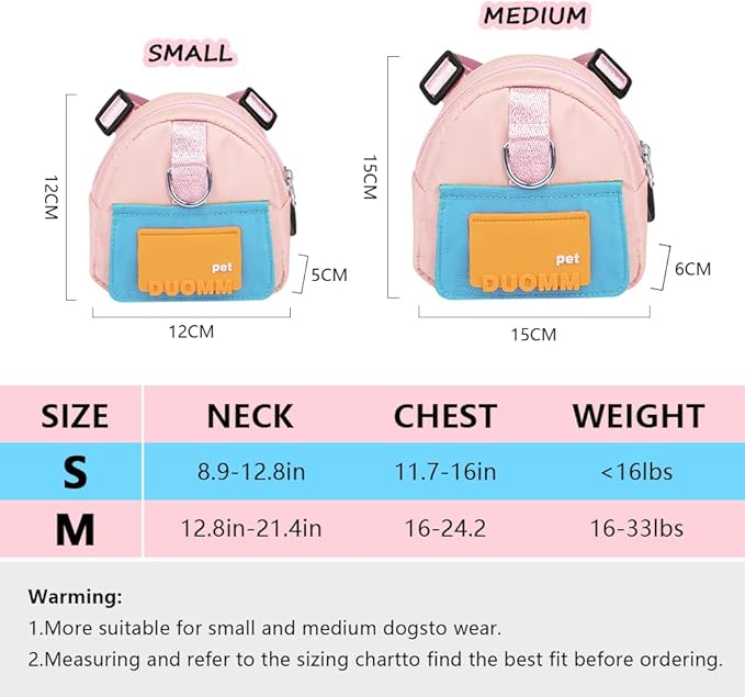 Dog Backpack for Small Dogs to Wear,Cute Pet Puppy Harness Backpacks with Leash Adjustable Dog Self Carrier Bag for Travel Hiking Daily Walking (M, Pink)