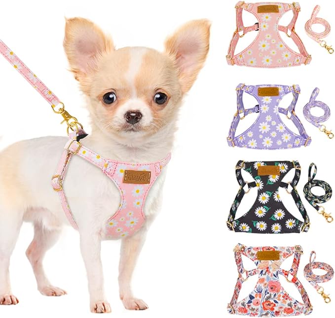 SlowTon No Pull Dog Harness with Leash - Soft Lightweight Floral Pattern Puppy Harness, Adjustable Pet Harness for Small Medium Dogs (Pink Daisy S)