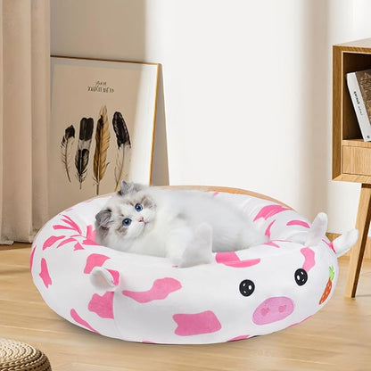 26" Strawberry Cow Pet Bed, Calming Dog & Cat Plush Bed, Fulffy Comfy Padded Cat Mat Plush Pet Bed, Non-Slip Bottom, Soft Washable Sleeping Dog Cot for Medium Small Dogs Cat Puppy Kitty