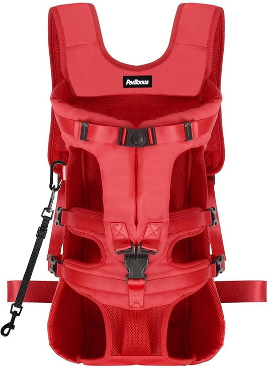 PetBonus Pet Front Dog Carrier Backpacks, Adjustable Dog Backpack Carrier, Legs Out Easy-fit Dog Chest Carrier for Medium Small Dogs, Hands Free Dog Front Carrier for Hiking, Cycling (Red, L)