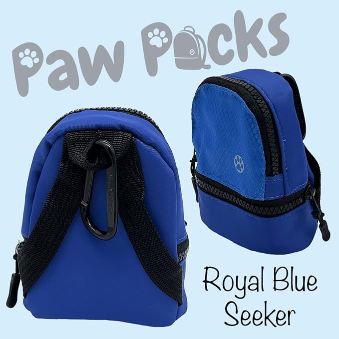 LLC Dog Backpack, Cat Backpack, Small Carrier | Clip on Harness or Leash, Fun Pet Treat Holder, Toy Bag, or Waste Dispenser | Dog Treat Training Pouch (Royal Blue Seeker)