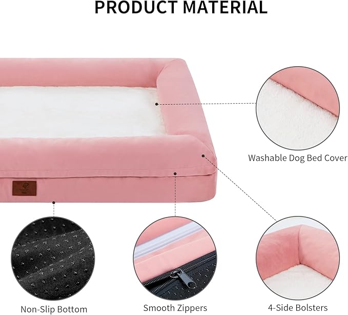 XL Dog Bed, Pink Orthopedic Dog Bed, Washable Dog Bed with [Removable Bolster], Waterproof Dog Bed with Nonskid Bottom, Pet Bed, Dog Beds for Extra Large Dogs