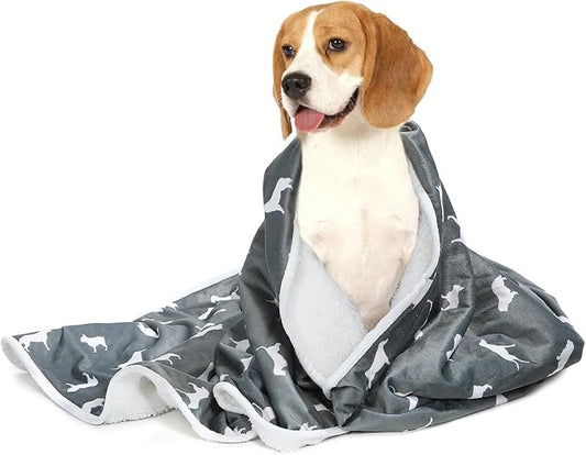 LUCKITTY Waterproof Dog& Cat Blankets,Suit UP to 35 Lbs Medium Pets,Dogly Print Washable Puppy Blanket for Couch,Car,Bed Protection,Reversible Fluffy Sherpa Fleece Plush Pet Throws,30Wx40L,Grey