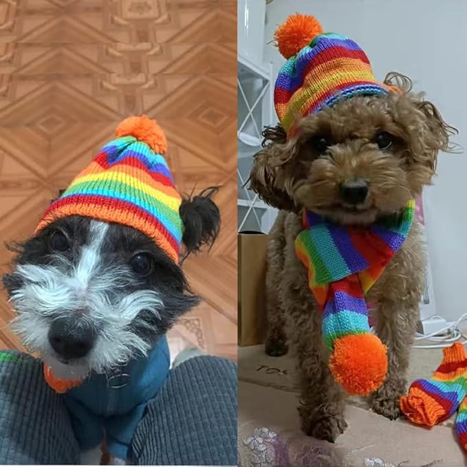 ANIAC 6 PCS Winter Knitted Dog Hat Scarf and Leg Warmer Set Puppy Warm knitting Hat with Ear Holes Pet Pompom Cap & Collar Christmas Costume Suit for Cats Small Dogs (Large